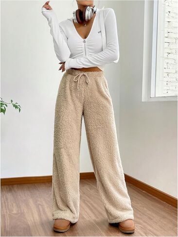 Women's Drawstring High Waisted Fuzzy Pants Cozy Wide Leg Casual Lounge Trousers in Saudi Arabia