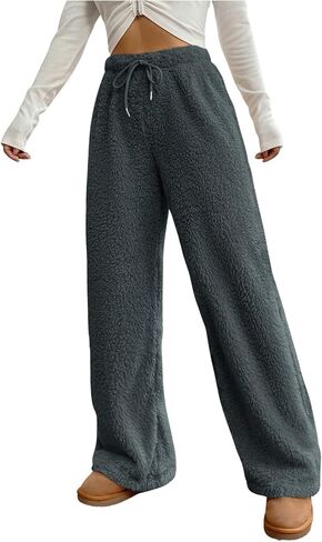 Women's Drawstring High Waisted Fuzzy Pants Cozy Wide Leg Casual Lounge Trousers in Saudi Arabia