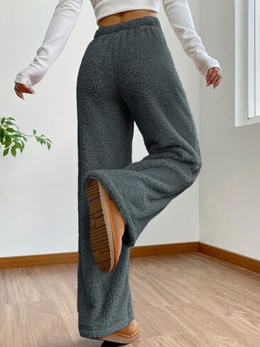 Women's Drawstring High Waisted Fuzzy Pants Cozy Wide Leg Casual Lounge Trousers in Saudi Arabia