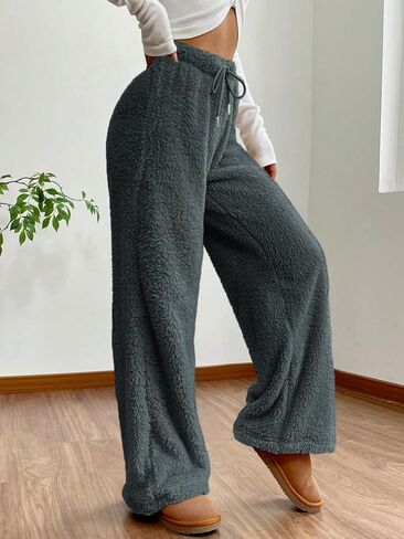 Women's Drawstring High Waisted Fuzzy Pants Cozy Wide Leg Casual Lounge Trousers in Saudi Arabia