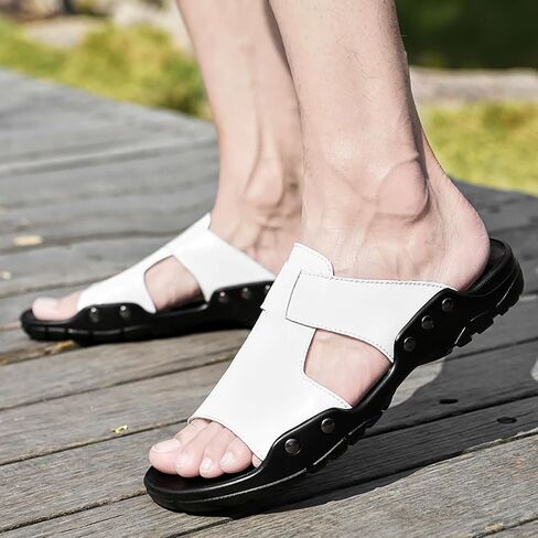 Men's Genuine Leather Rivet Slip On Flat Sandals Classic Retro Round Open Toe Slip On Soft Sole Male Sandals Summer Casual Dressy Sandals in Saudi Arabia