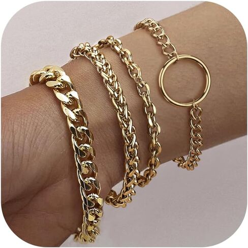 Sanfenly Gold Silver Bracelets for Women Bangle Cuff Link Chain Stackable Stack Bracelets Trendy 14K Gold Plated Stainless Steel Non Tarnish Chunky Bracelets Set Adjustable Stacked Stacking Waterproof Jewelry Bracelets Pack in Saudi Arabia