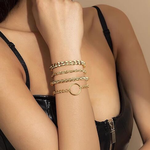 Sanfenly Gold Silver Bracelets for Women Bangle Cuff Link Chain Stackable Stack Bracelets Trendy 14K Gold Plated Stainless Steel Non Tarnish Chunky Bracelets Set Adjustable Stacked Stacking Waterproof Jewelry Bracelets Pack in Saudi Arabia