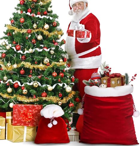 Shappy 2 Pieces Christmas Velvet Santa Bags with Drawstring in 2 Size Large Christmas Santa Gift Bags Santa Gift Sack for Xmas Playing Santa Present Toy(Red) in Saudi Arabia