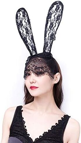 Face veils for women, Black lace bunny ears, Black cat ears for women, Masquerade accessories for halloween party. in Saudi Arabia