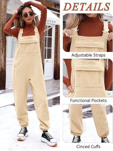 HEEKPEK Women's Winter Fleece Overalls Fuzzy Warm Causal Jumpsuits Loose Adjustable Straps Sleeveless Bib Pants with Pockets in Kuwait