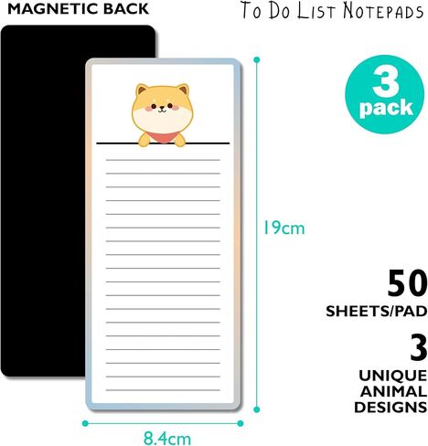 3 عبوات من دفاتر الملاحظات المغناطيسية - دفاتر ملاحظات لقائمة التسوق، وقائمة البقالة، وقائمة المهام، والتذكيرات - ظهر مغناطيسي قوي - مفكرة مذكرة بتصميمات حيوانات لطيفة | 50 ورقة لكل وسادة 7.5 × 3.2 بوصة in Kuwait