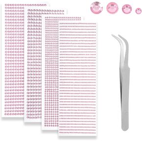 Self-Adhesive Rhinestone Sticker with Tweezer, 3090 Pcs Pink Face Gem Stick On, Acrylic Round Gemstones Stickers Crystal Embellishment Stickers Sticky Bling Clear Gem for Crafts Body Nails
