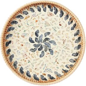 Rattan Serving Tray with Mother of Pearl 11.8inch, Round Coffee Table Tray Decor, Round Wicker Tray, Boho Decorative Tray, Woven Tray (Galaxy Blue)