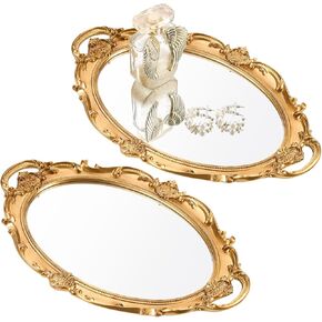 2 Pcs Antique Decorative Mirror Tray Gold Makeup Organizer Gold Mirror Tray Vintage Perfume Tray Jewelry Organizer Vintage Serving Tray, 15.35 x 9.45 Inch