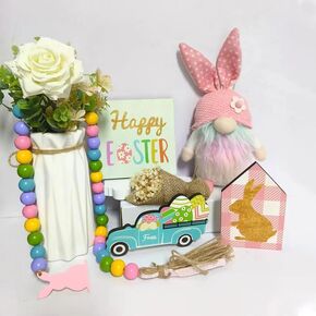 SVNVIOZ Easter Bunny Tiered Tray Decor, 5 Pcs Easter Gnome Wooden Bunny Tiered Tray Decorations, Happy Easter Wood Signs Truck Full of Eggs Bead Garland, Easter Rabbit Decor for Home Table (TypeA)