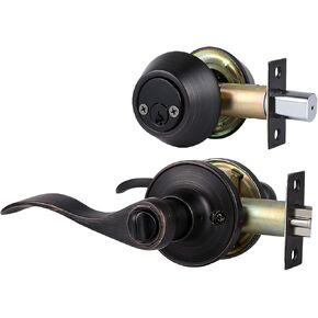home improvement direct 3 Pack Front Door Lockset with Single Cylinder Deadbolt, Keyed Alike Exterior Door Lock Set, Oil Rubbed Bronze Wave Style Door Handle and Deadbolt Set