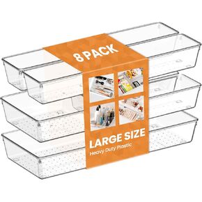 Criusia 26 Pack Large Clear Plastic Drawer Organizer Bins -Heavy Duty Acrylic Kitchen Drawer Organizers and Storage for Utensils -Bathroom Drawer Organizer Trays for Makeup Office Organization