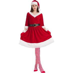 Mrs. Claus Costume for Women Plus Size Christmas Santa Red Dress Adult Outfit Hat Belt Stockings 5PCS Xmas Cosplay