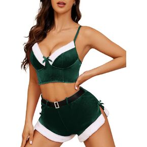 Women's Christmas Lingerie Set Sexy Santa Doll Teddy Bra and Shorts Outfits Velvet Santa Costume Set with Belt