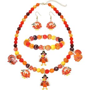 XOCARTIGE Thanksgiving Fall Necklace Bracelet Earrings Set, Chunky Pumpkin Maple Leaf Turkey Bubblegum Necklace for Women Beaded Stretch Bracelet Dangle Earrings Holiday Party Gifts