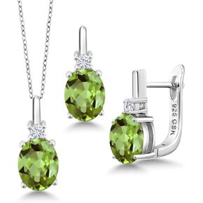 Gem Stone King 925 Sterling Silver Pendant and Earrings Jewelry Set Oval Green Peridot and Moissanite (6.36 Cttw, Gemstone Birthstone, with 18 Inch Silver Chain)
