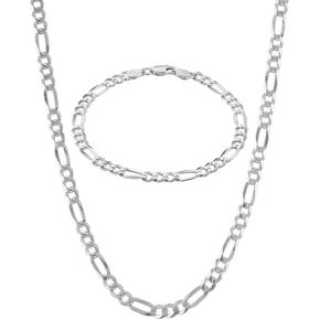KISPER Italian 925 Sterling Silver Diamond Cut 5mm Figaro Link Chain Necklace & Bracelet Set - 22" Necklace & 7" Bracelet - Made in Italy