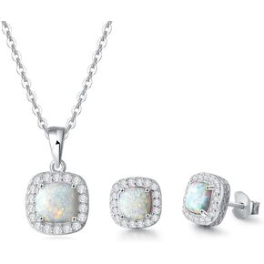Carleen 925 Sterling Silver CZ Cubic Zirconia Created Opal Necklace Stud Earrings Jewelry Sets for Women Girls