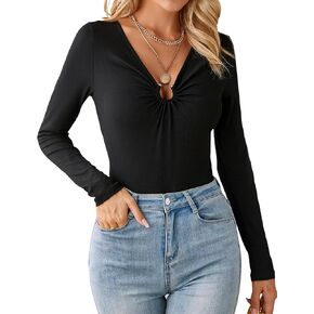 Blooming Jelly Womens Long Sleeve Bodysuit V Neck Sexy Tops Slimming Body Suits Clothes 2023