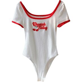 SweatyRocks Women's Letter Fruit Printed Body Suits Knitted Short Sleeve Bodysuits