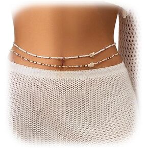 2Pcs Multi-layer Beaded Waist Chain Sets,Bikini Sexy Bead Belly Body Chain Adjusatble Beads Starfish Waist Jewelry Summer Beach Beads Waist Body Accessory Jewelry for Women (White)