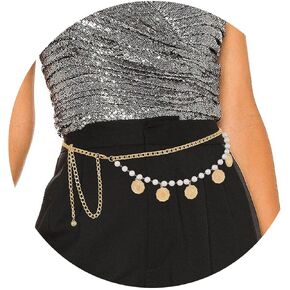 Cowkig Layered Waist Chain Pearl Chains Belt Coin Pendant Belly Body Chain Adjustable Jewelry Accessories for Women and Girls