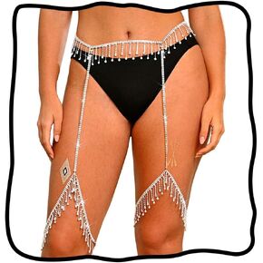 Nicute Silver Rhinestone Waist Chain Jewelry Sparkly Crystal Leg Chain Tassel Glitter Summer Beach Thigh Chain for Women