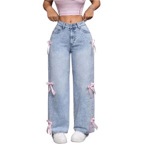MakeMeChic Women's Bow Knot Zip Up Denim Pants Loose Fit Button Front Straight Leg Jeans