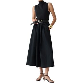 Women's Turtleneck Maxi Dress Sleeveless Elegant Patchwork Casual Flowy Mock Neck Long Dress with Pockets