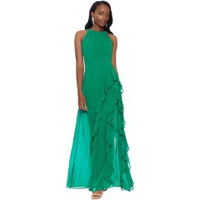 Betsy & Adam Women's Long Chiffon Halter Dress with Cascading Ruffles