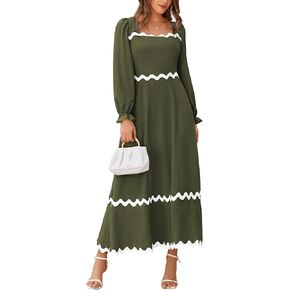 BTFBM RIC Rac Dress Women Maxi Dress Square Neck Long Sleeve Smocked Tie Back A-Line Flowy Fall Wedding Guest Dresses