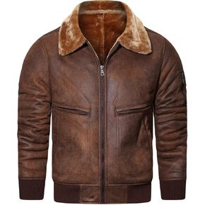 HOOD CREW Men’s Faux Fur Leather Jacket Autumn Winter Fleece Lined Coat Vintage Bomber Jacket