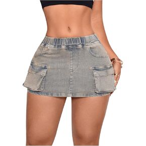 MakeMeChic Women's Y2K Cargo Skirt Elastic Waist Skinny Denim Mini Skirts with Pockets
