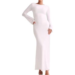 GLNEGE Women's Long Sleeve Bodycon Maxi Dress Elegant Fitted Crew Neck Lounge Dresses