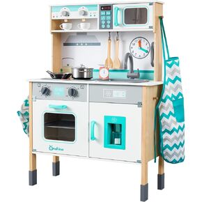 Wooden Play Kitchen Set for Toddlers, Chef Pretend Kitchen Playset for Kids with Pretend Ice Cube Dispenser, Oven, Coffee Machine, Stove, Faucet, Sink,Toy Kitchen Gift for Boys & Girls Age 3+