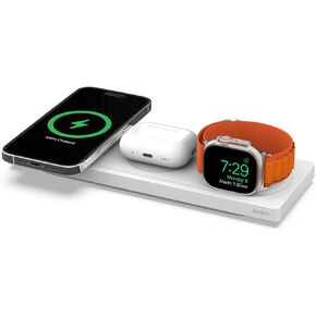 Belkin MagSafe 3-in-1 Fast Wireless Charger, MFi Certified Fast Charging Travel Pad for iPhone 13 and 12 Series Pro, Pro Max, Mini, Apple Watch Series 7 and Older, AirPods 2, AirPods, AirPods Pro