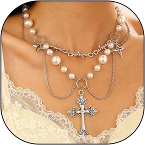 Y2K Layered Pearl Choker Necklaces for Women Crystal Beaded Strawberry Pendant Necklace Vintage Bow Heart Cross Choker Butterfly Tassel Chain Graceful Jewelry Gifts