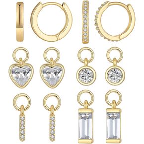 14K Gold Plated Huggie Earrings and Charm Set for Women |Mix and Match Earring Pack with Cubic Zirconia Star Heart Flower Bow Small Hoop Earrings with Charms