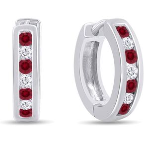 Red Simulated Ruby & White Cubic Zirconia Huggie Earrings In 14K Gold Over Sterling Silver