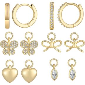 14K Gold Plated Huggie Earrings and Charm Set for Women |Mix and Match Earring Pack with Cubic Zirconia Star Heart Flower Bow Small Hoop Earrings with Charms