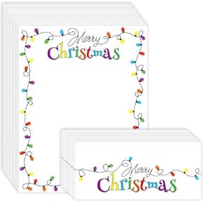 50 Pcs Christmas Light Bulbs Letterhead with Envelopes Christmas Holiday Border Computer Paper Stationery paper for Note Letters to Santa Invitations Office School Printing 8.5 x 11 In