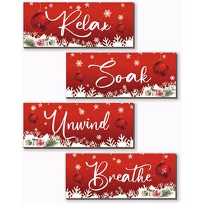 ONIZHITY 4 Pieces Christmas Bathroom Decor Christmas Wall Decor Winter Wooden Hanging Sign with Relax Soak Unwind Breathe Xmas Snow Decor for Home Bathroom Bedroom Office Christmas(Red, 10x4 Inch)