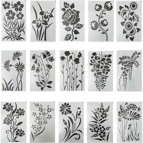 15 pcs Flower Stencils, BOSOIRSOU Plant Rose Stencil Templates Botanical Leaves Drawing Templates for Craft Scrapbooking Painting on Wall Wood
