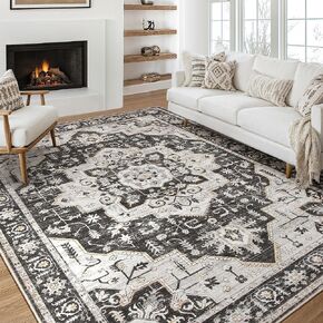 Washable Vintage Area Rug 9x12 - Soft Traditional Rug for Living Room, Bedroom, Dining Room or Home Office - Low Pile Farmhouse Oriental Retro Indoor Floor Carpet - Tea Brown