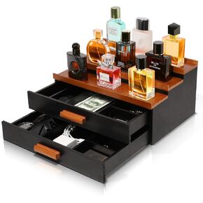 Wooden Cologne Stand Organizer for Men: 3 Tier Perfume Stand with 2 Drawer, Cologne Holder with Hidden Compartment, Cologne and Accessories Organization, Storage Display Risers, Great Gift for Man in Kuwait