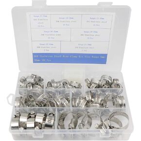 Hose Clamp Assortment 60 Pieces 304 Stainless Steel Adjustable 6-38mm Size Range Worm Gear Hose Clamps, Fuel Line Clamp for Pipe/Plumbing/Automotive/Mechanical Applications