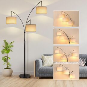 OUTON Arc Led Floor Lamp, Modern Black 3 Light Arched Tall Floor Lamp for Bedroom, 2400lm Mid Century Adjustable Standing Corner Lamps for Living Room Office, 3 LED Bulbs Included, Beige Lampshade