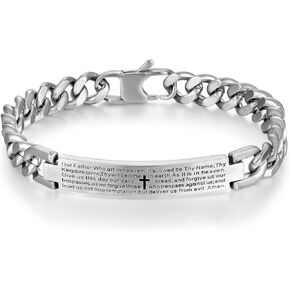 Bible Verse Bracelet, Stainless Steel Classic Curb Chain Cuban Link Chain Bracelet for Men, Black Enamel Cross ID Identification, 9MM width,8.27 inches length,Spring Hook Clasp