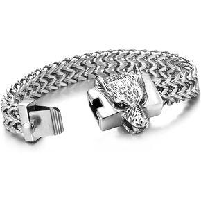 COOLSTEELANDBEYOND Unique Mens Steel Double Square Franco Chain Bracelet with Wolf Head Spring Box Clasp, Polished